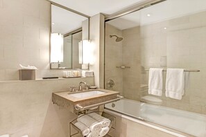 Combined shower/bathtub, deep-soaking bathtub, rainfall showerhead