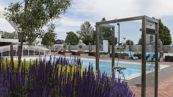 Indoor pool, seasonal outdoor pool, open 8 AM to 7 PM, sun loungers