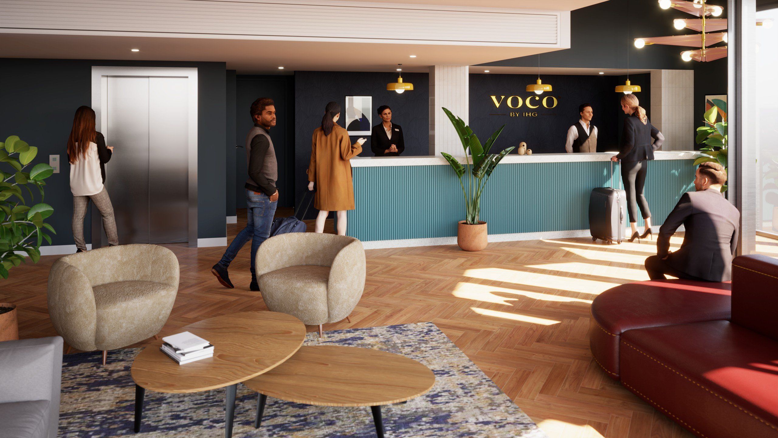 A hotel reception area with a reception desk, two armchairs, a red sofa, and a coffee table.