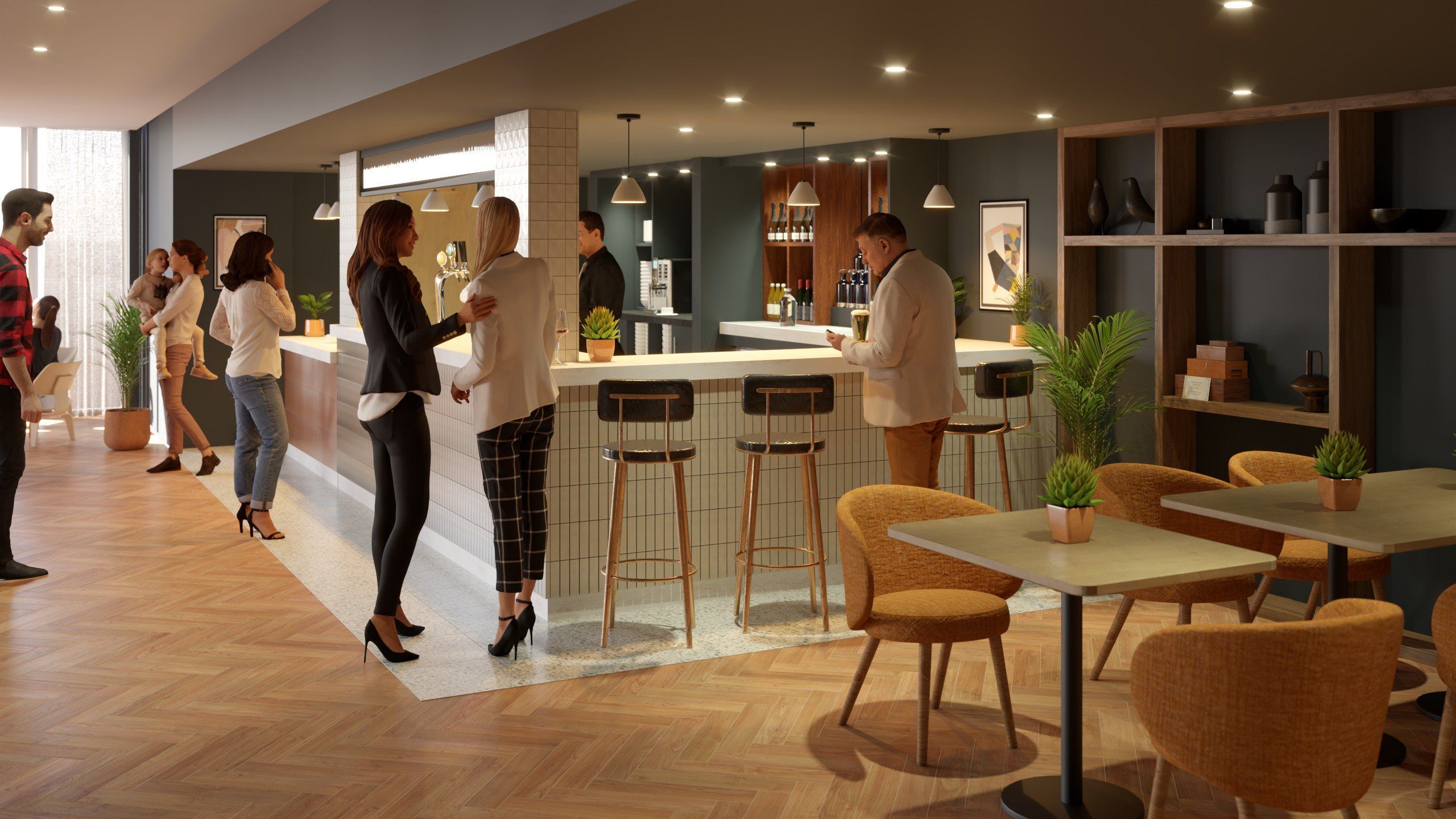 A modern interior with a bar area, seating, and a reception desk.