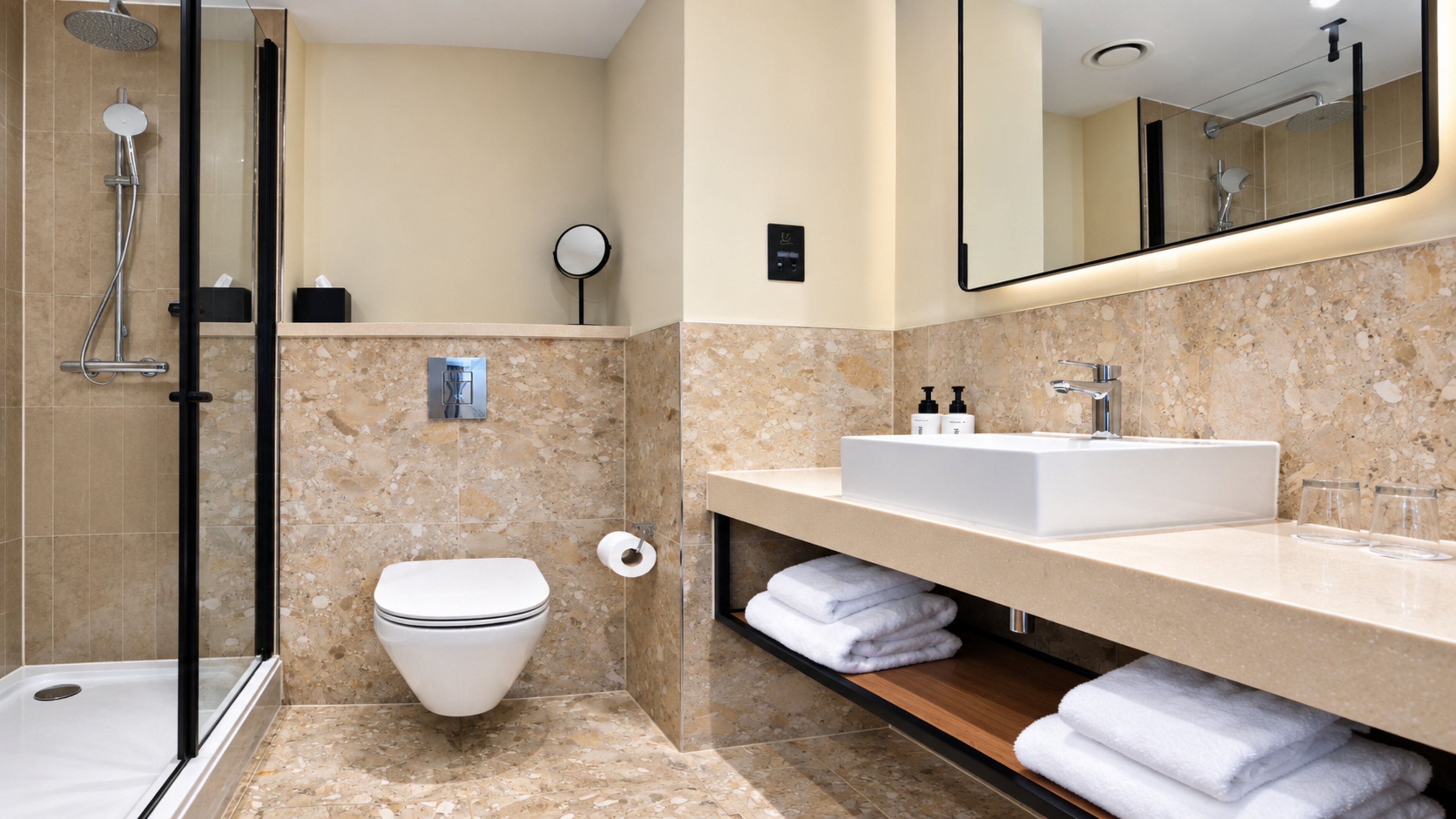 Une salle de bain moderne équipée d’une douche, de toilettes et d’un lavabo.