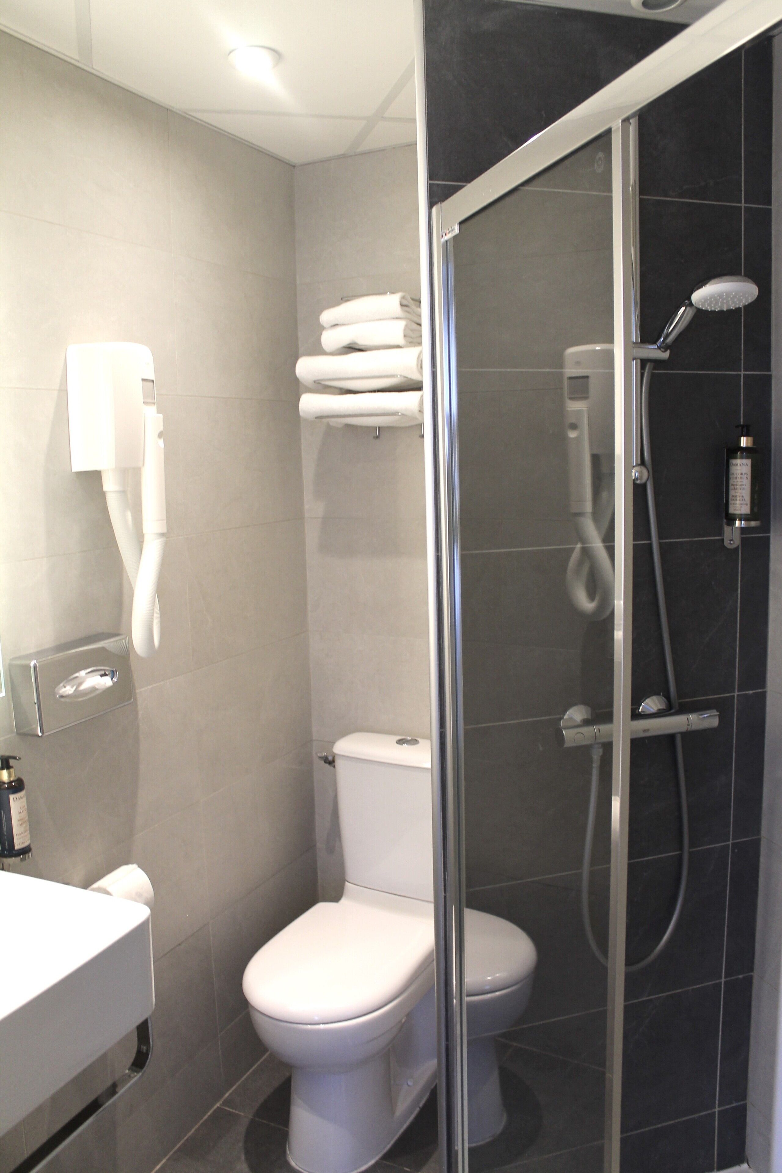 A modern bathroom with a toilet, a glass-enclosed shower, and a white sink.