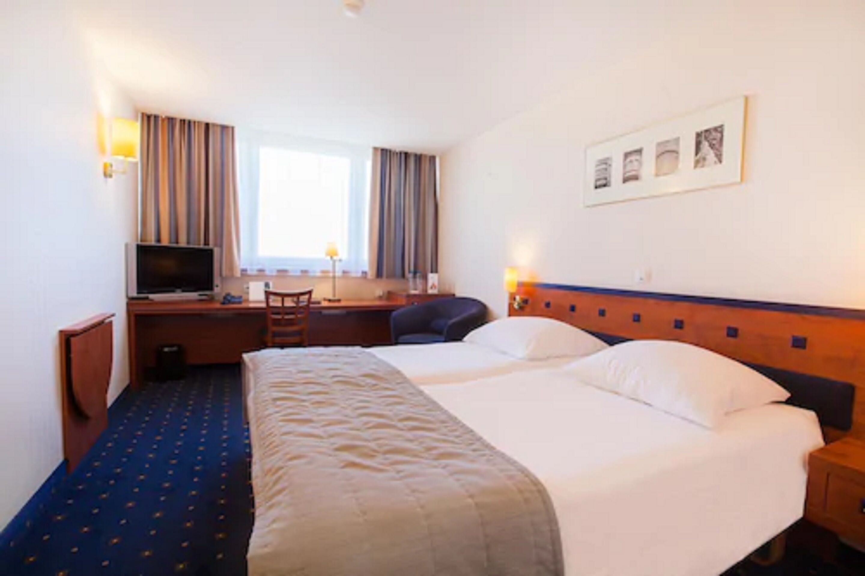 A hotel room with a bed, a desk, a chair, a television, and a window with curtains.