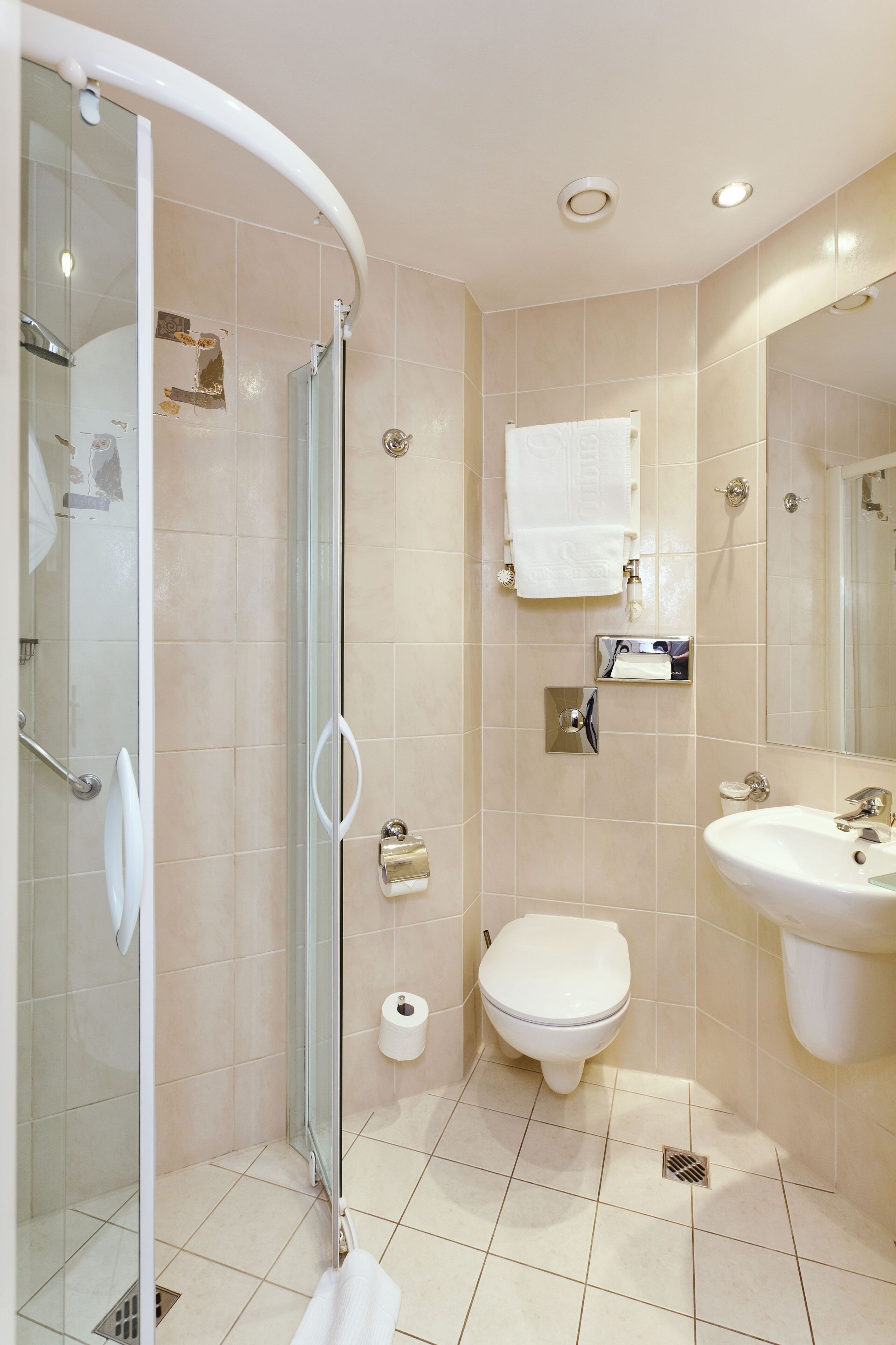 A bathroom with a glass shower enclosure, a toilet, a sink, and a mirror.