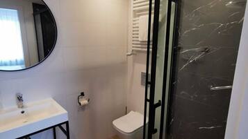 A modern bathroom with a white sink, toilet, and glass shower enclosure.
