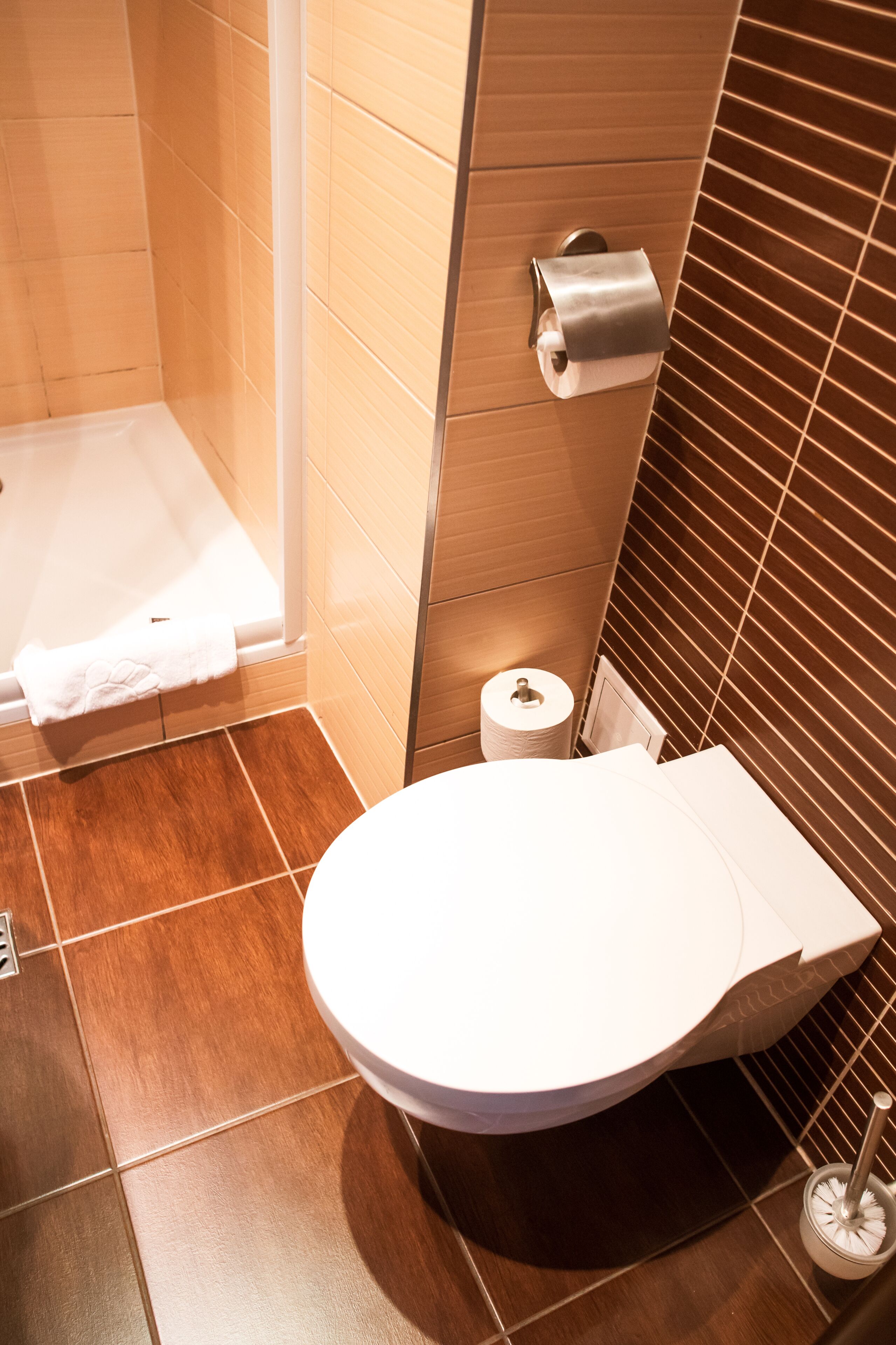 Une salle de bain moderne avec des toilettes blanches, un espace douche et un porte-rouleau de papier toilette.