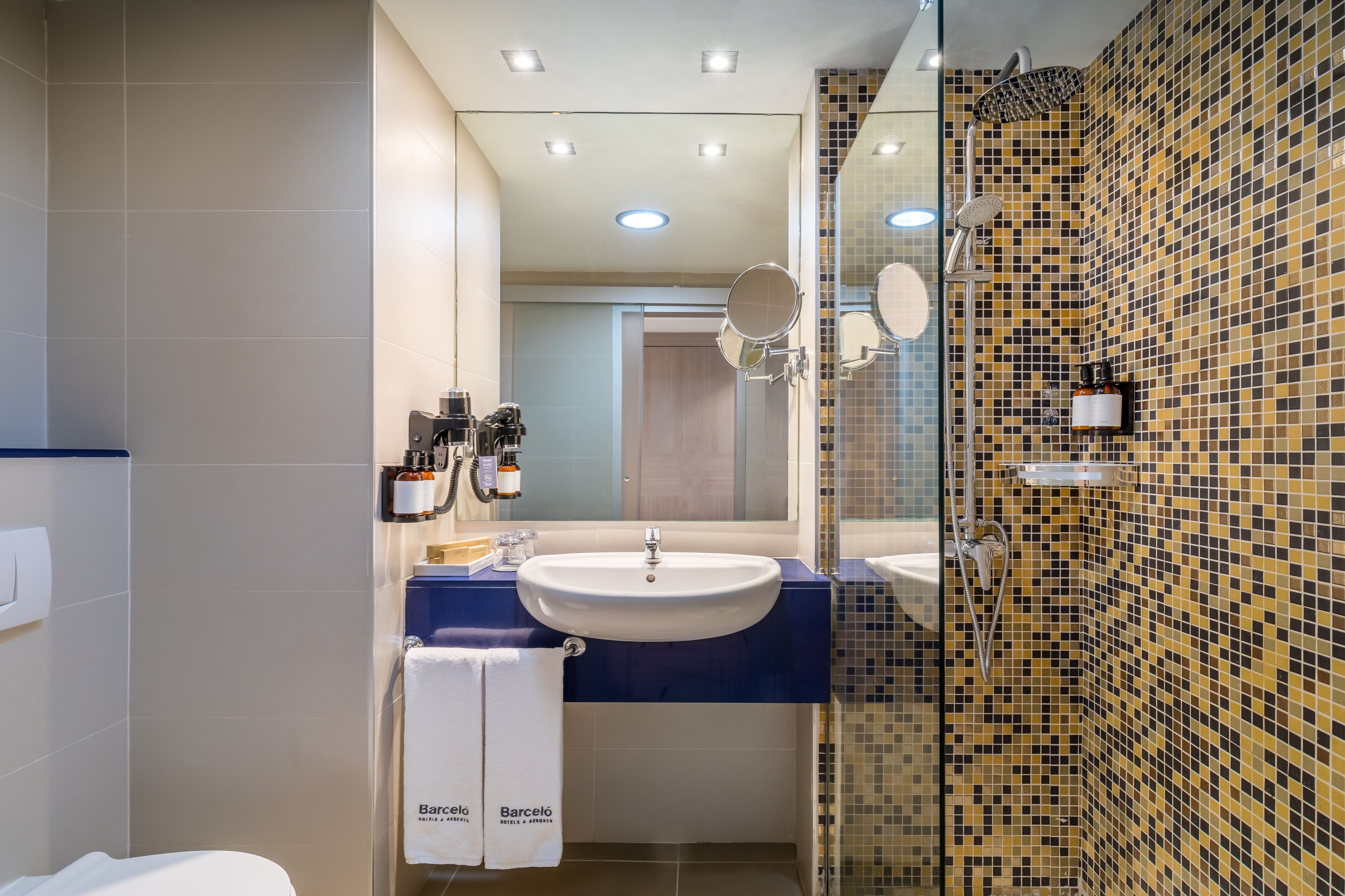 A modern bathroom with a large sink, a mirror, and a shower area.
