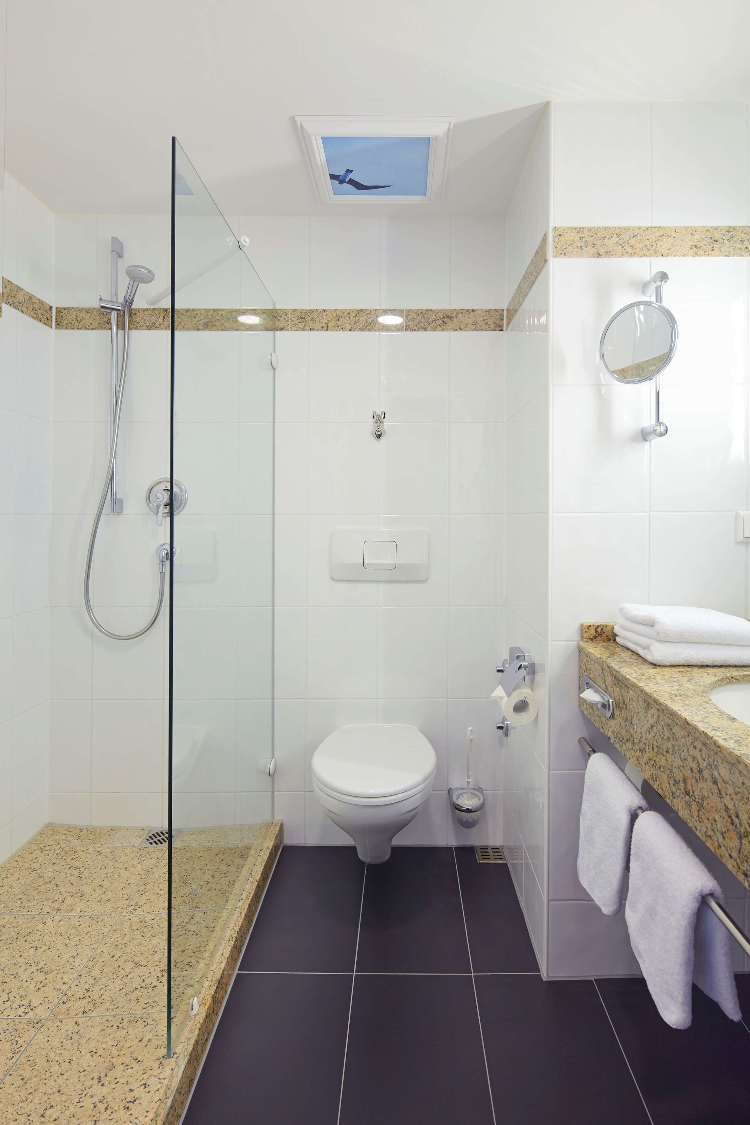 A modern bathroom with a glass-enclosed shower, a toilet, and a sink with a granite countertop.