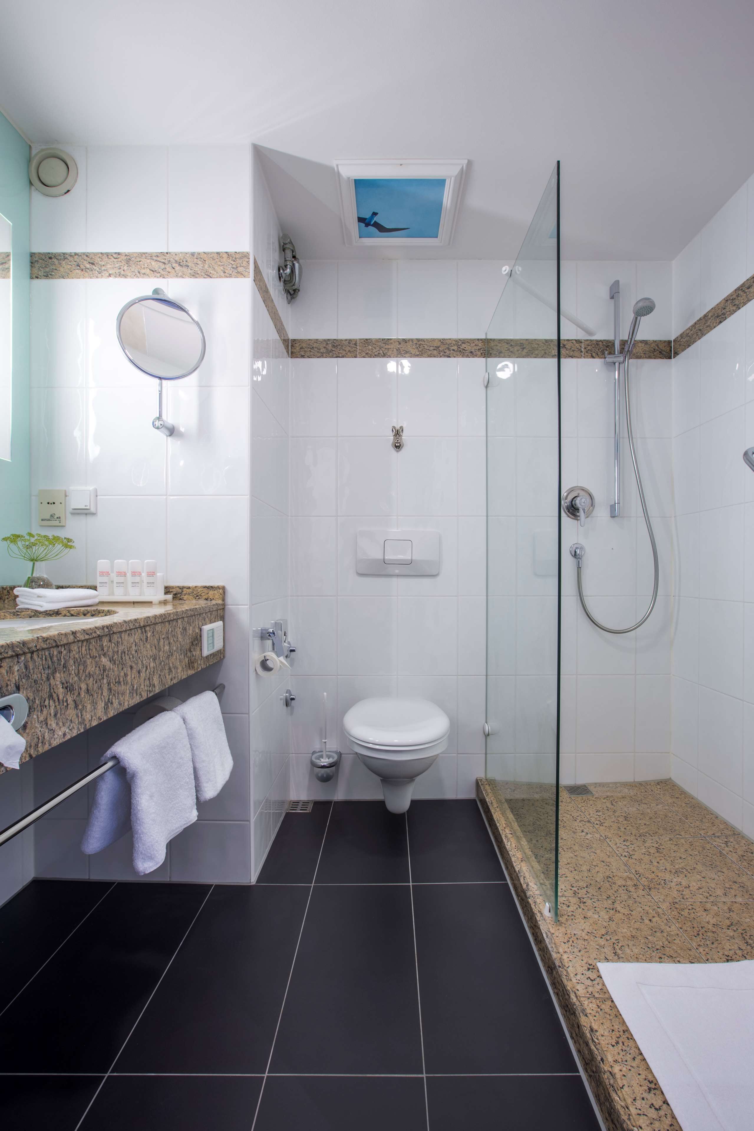A modern bathroom with a glass-enclosed shower, a toilet, and a vanity with a granite countertop.
