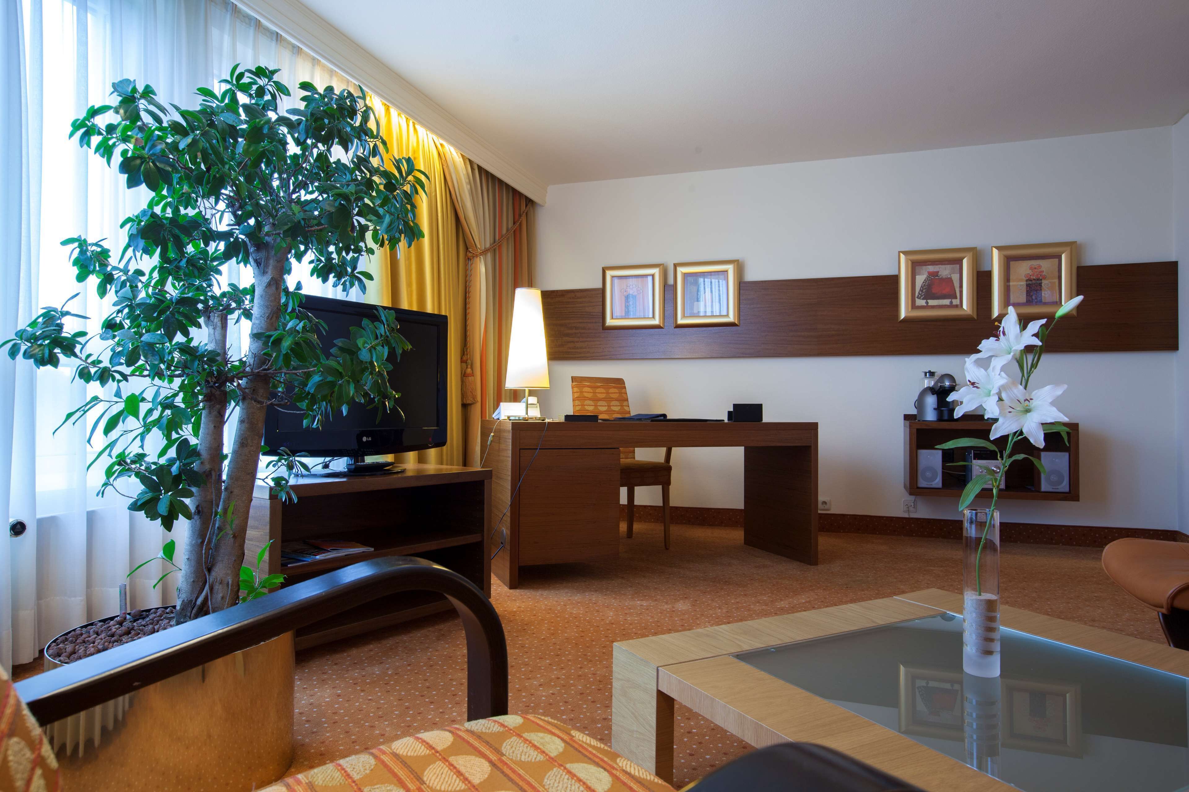 Habitación de hotel con escritorio, televisión y una planta en maceta.