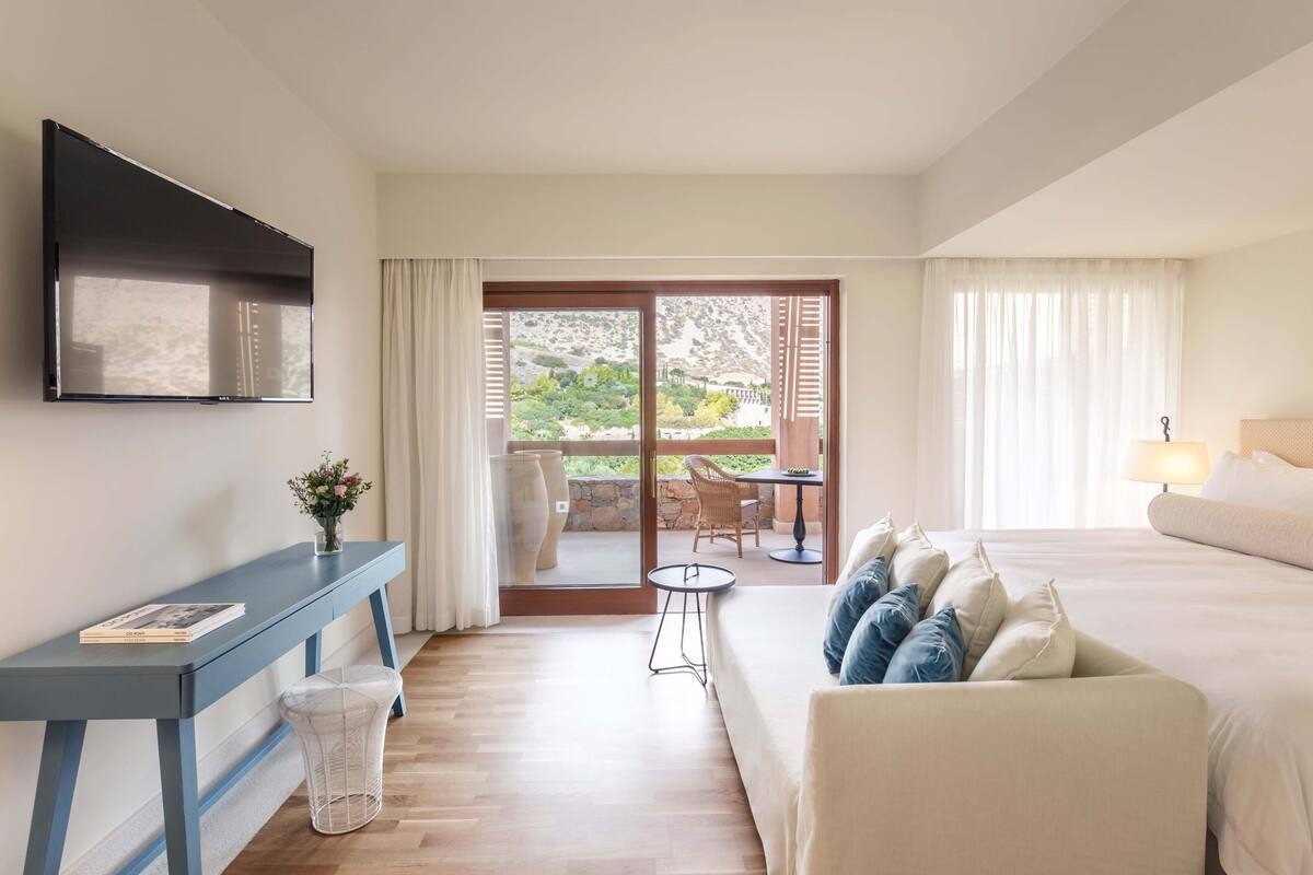 A hotel room with a bed, a sofa, a TV, a small table, and a view of a garden through a sliding door.