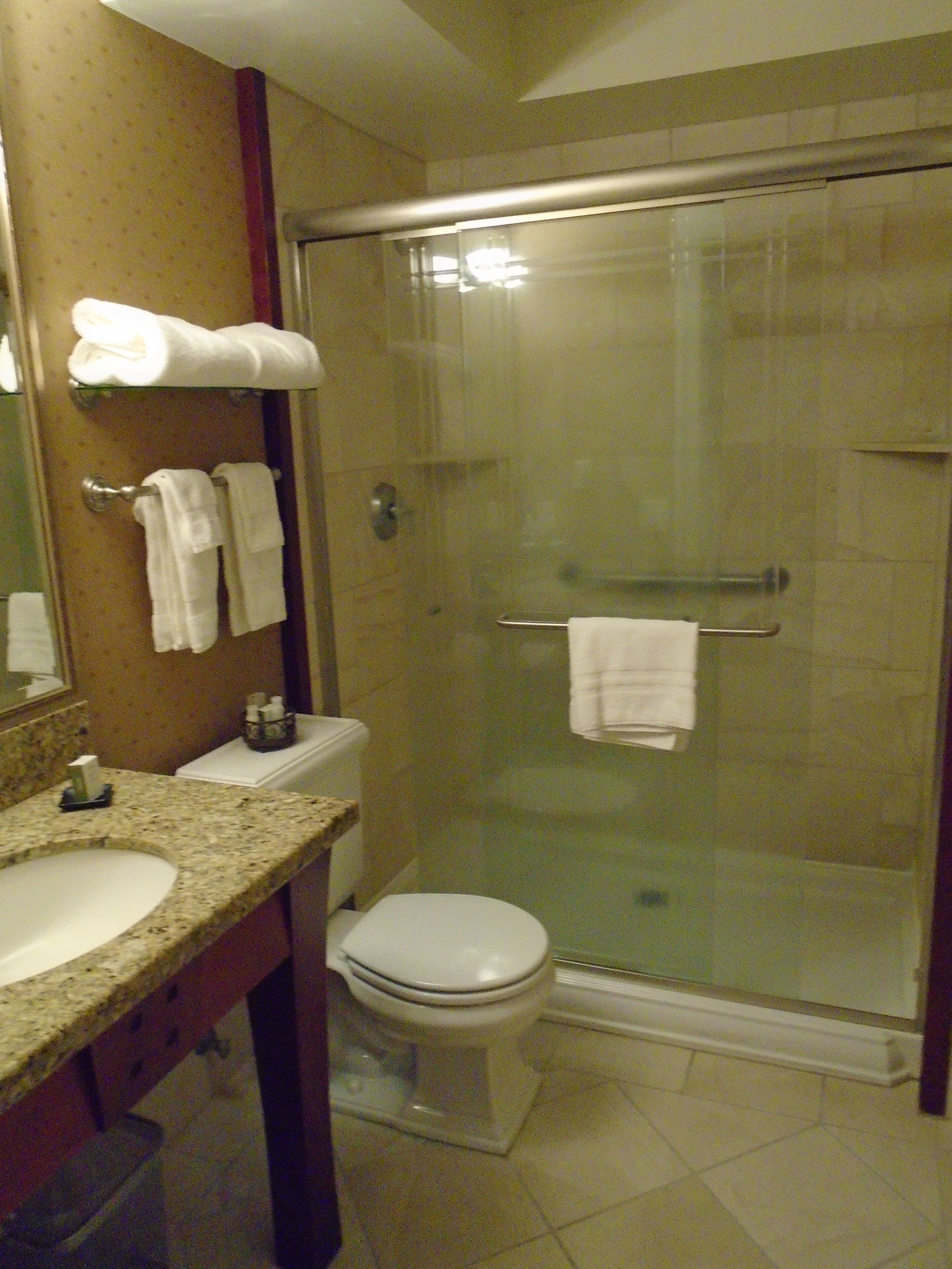 combined shower/bathtub, designer toiletries, hair dryer, bathrobes