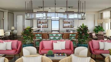 A spacious living area with a central bar, multiple seating options, and a view of the outdoors.