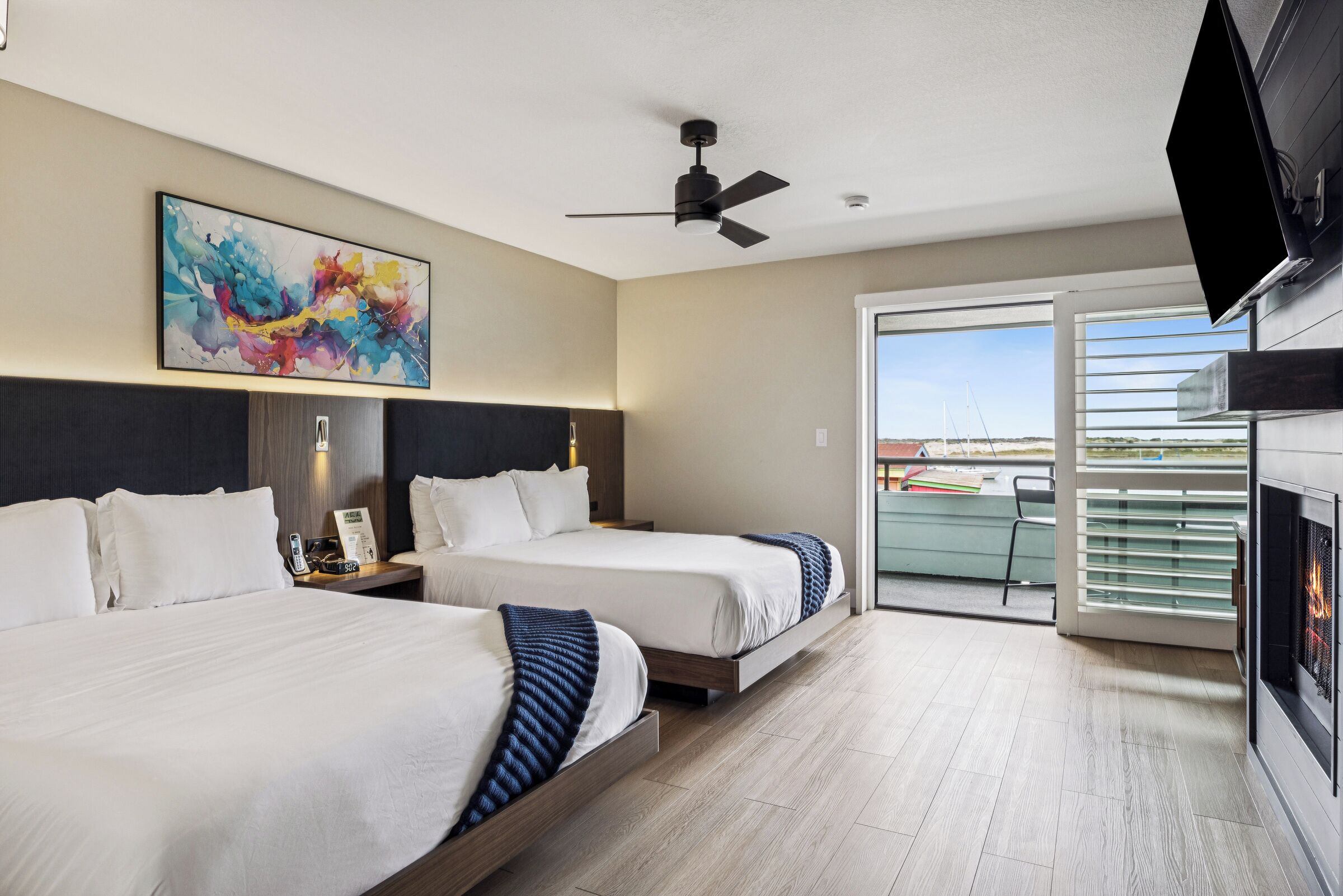 Premium 2 Queens Fireplace Partial Bay View | Premium bedding, memory foam beds, individually furnished