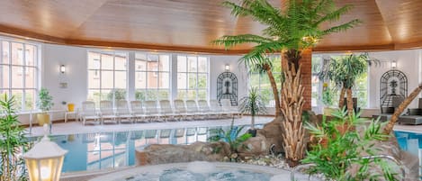 Indoor pool, open 7:30 AM to 8:30 PM, pool loungers