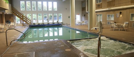 Indoor pool, seasonal outdoor pool, pool loungers