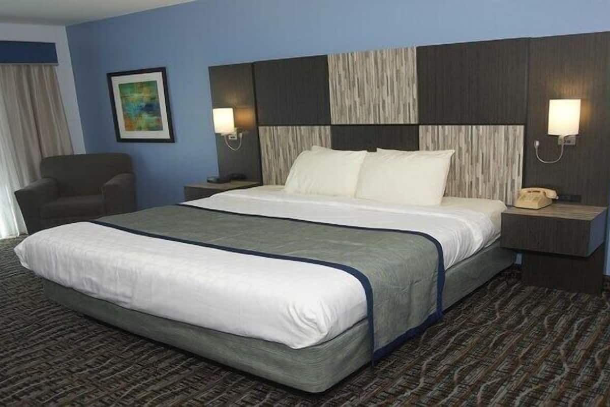 A hotel room with a large bed, a chair, a desk with a telephone, and a painting on the wall.