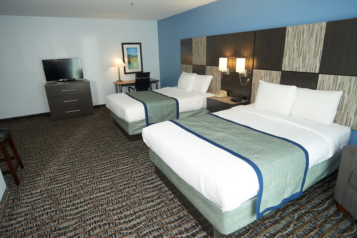 A hotel room with two beds, a desk, a television, and a patterned carpet.