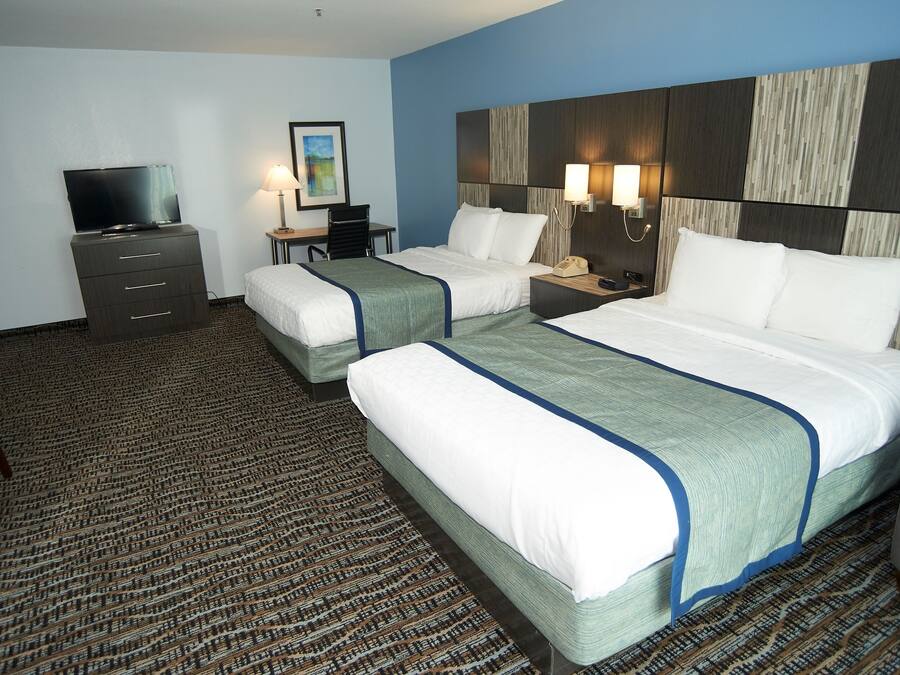 A hotel room with two beds, a desk, a television, and a patterned carpet.