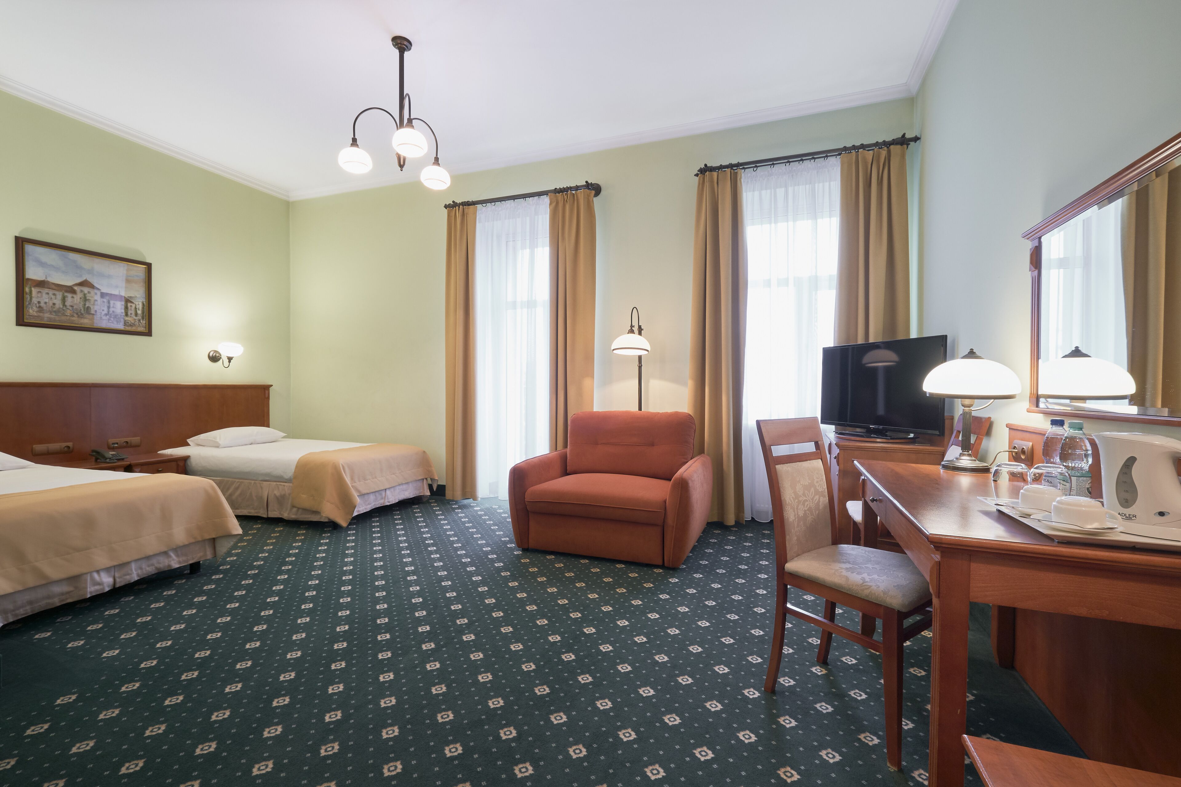Desk, laptop workspace, free WiFi, bed sheets