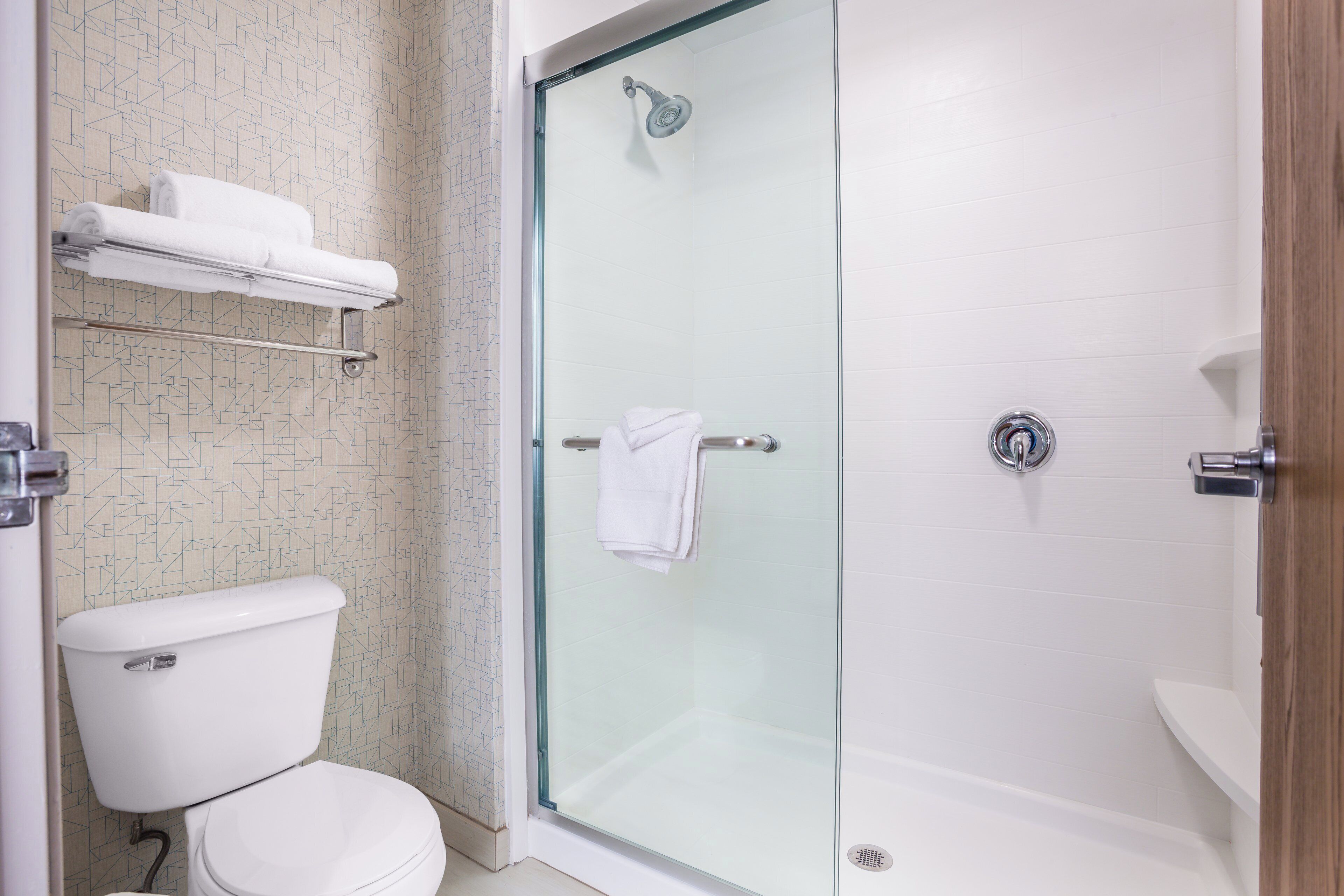 A modern bathroom with a glass shower enclosure, a toilet, and a towel rack.