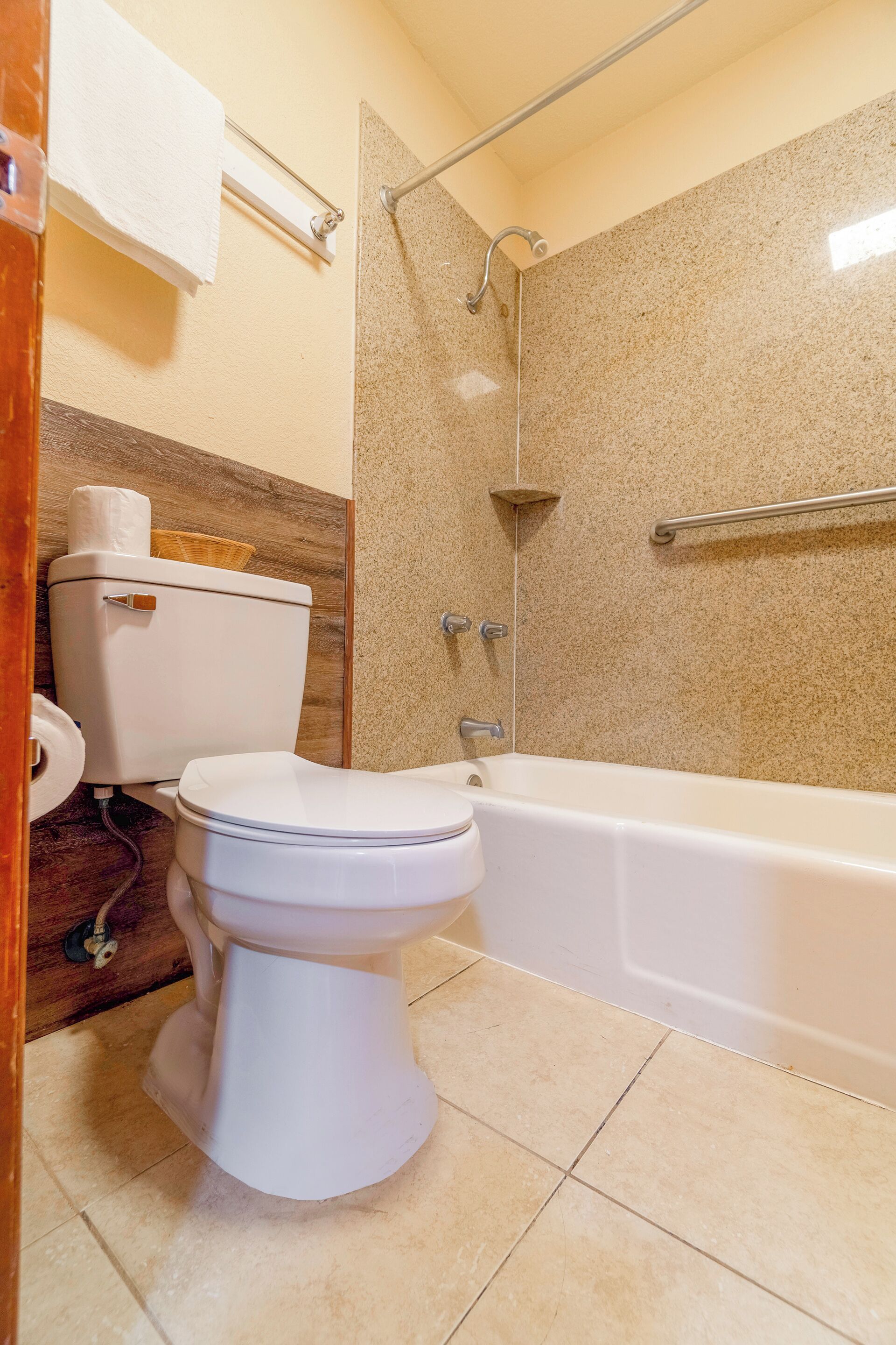 Een badkamer met een toilet, een douche en een bad.