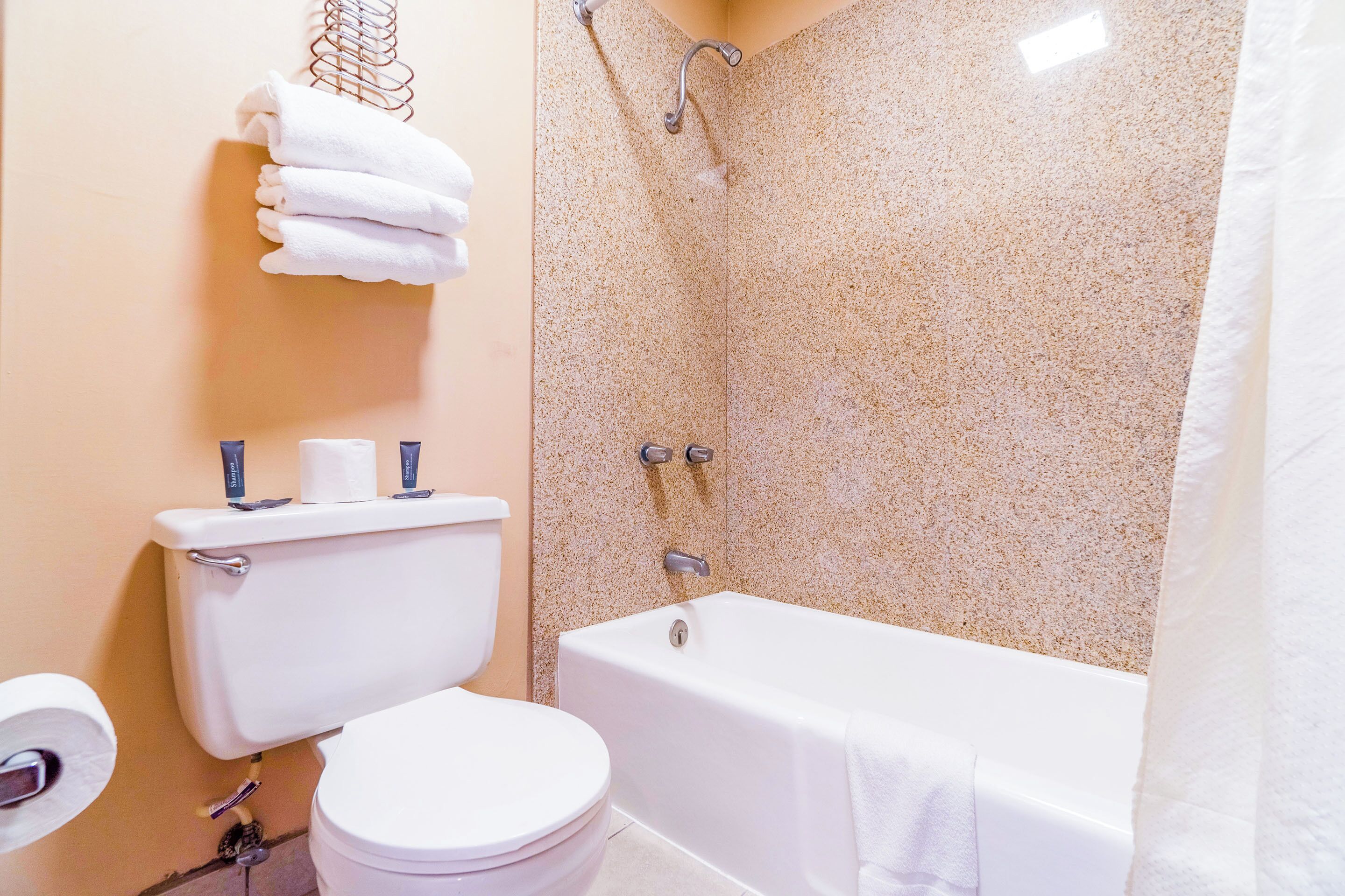 Une salle de bain comprenant des toilettes, une baignoire et une douche.