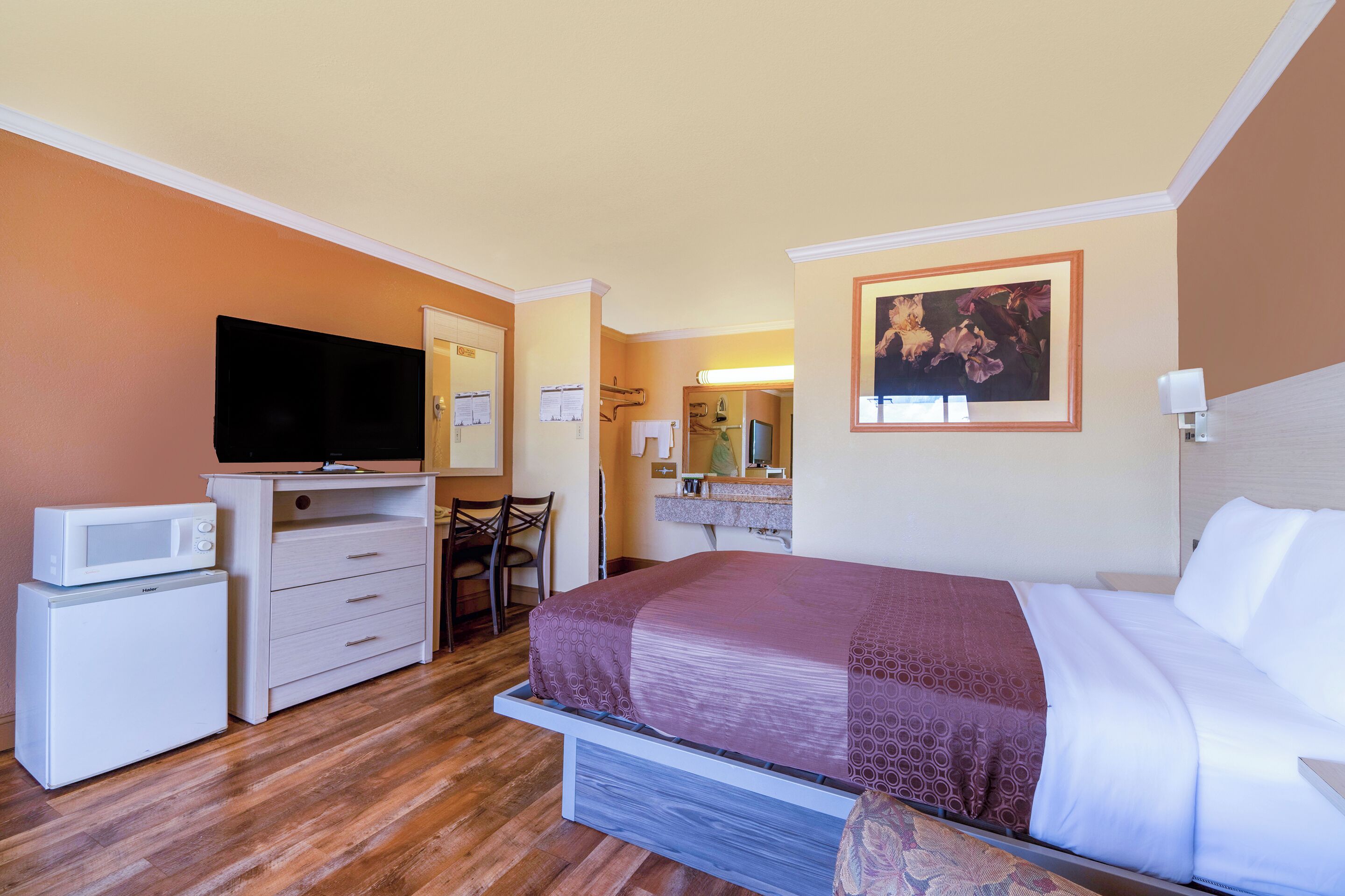 A hotel room with a bed, a television, a microwave, a refrigerator, a desk, and a chair.