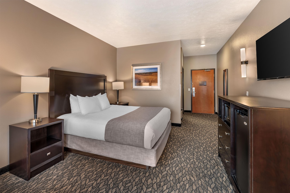 A hotel room with a bed, bedside tables, a dresser, a flat-screen TV, and a framed picture on the wall.