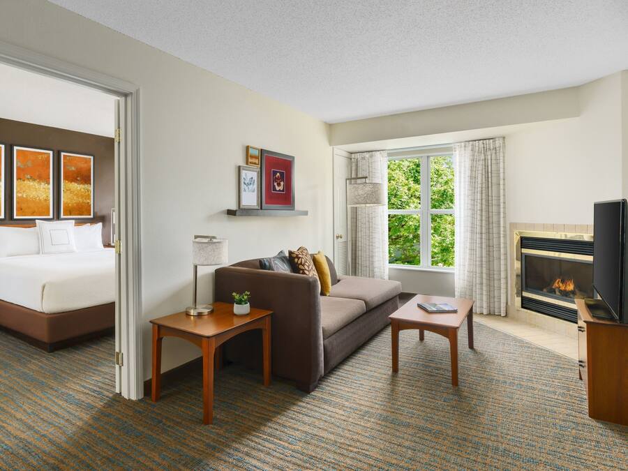A hotel room with a bed, a sofa, a TV, a fireplace, and a window with a view of greenery.
