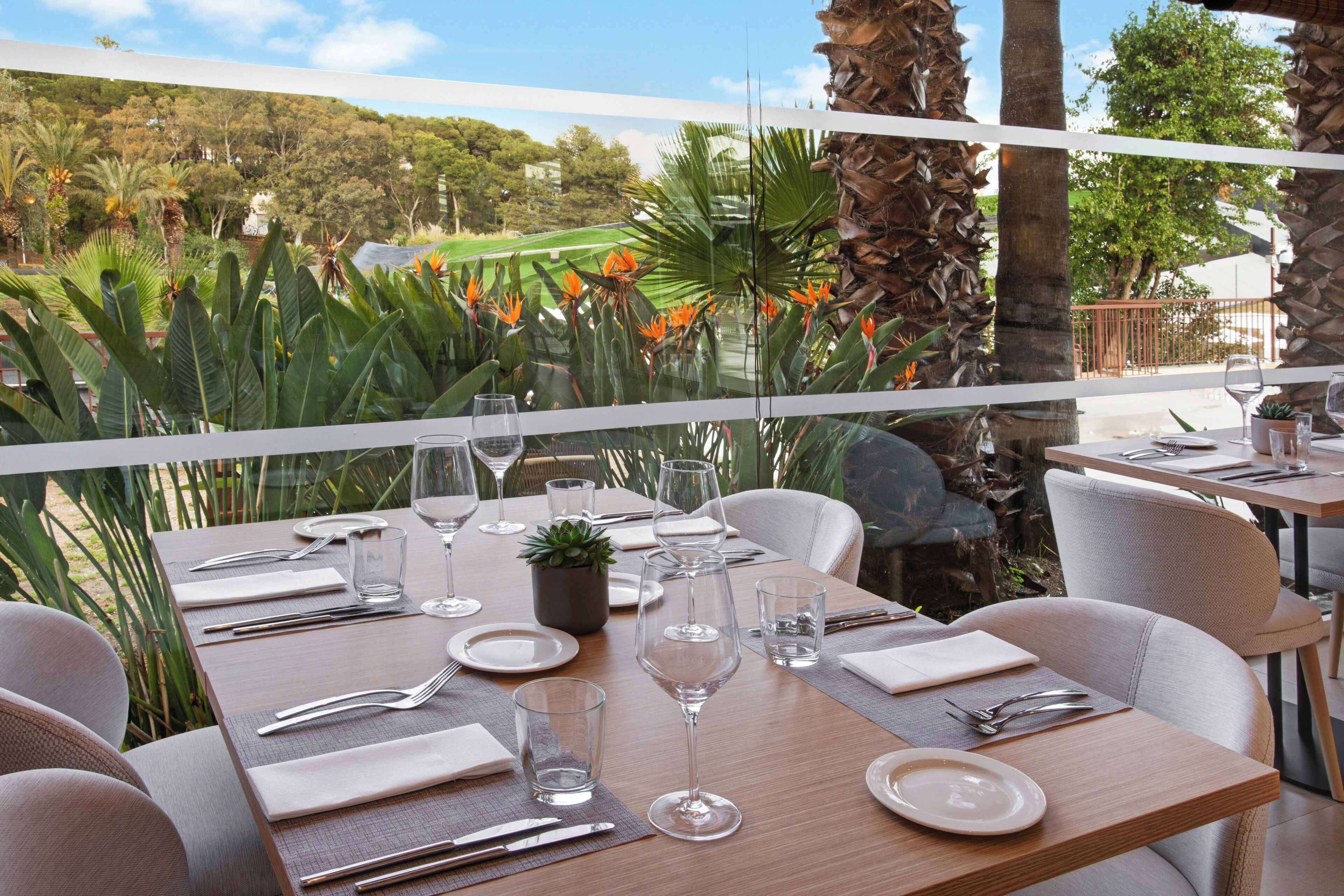 Una mesa de comedor dispuesta con platos, cubiertos y vasos, con vistas a un jardín exuberante con plantas tropicales y una colina.
