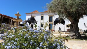 A white building with a tiled roof, a fountain, and a large tree in the foreground. - Hotel Capela das Artes (Silves)