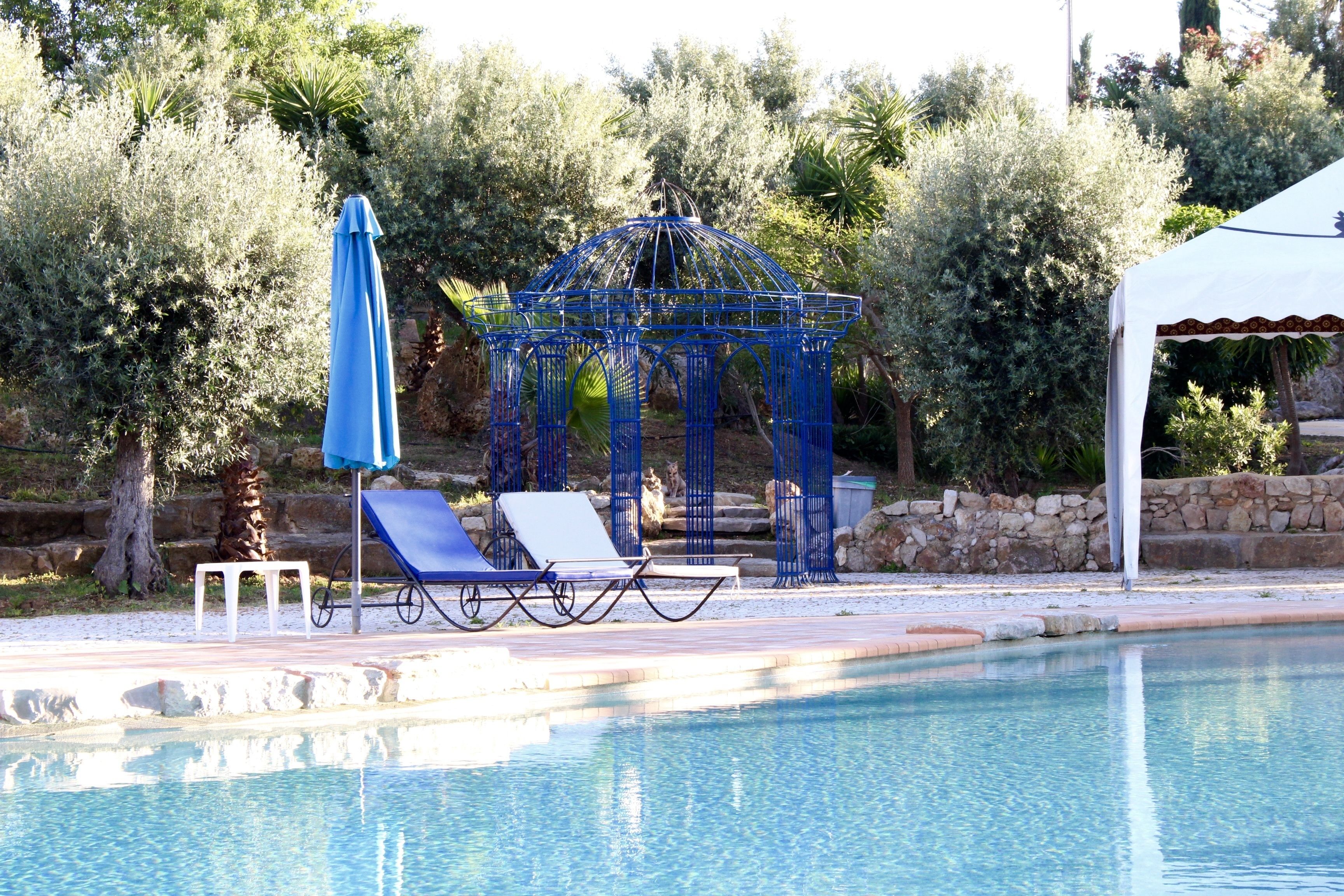 outdoor pool, pool umbrellas, pool loungers