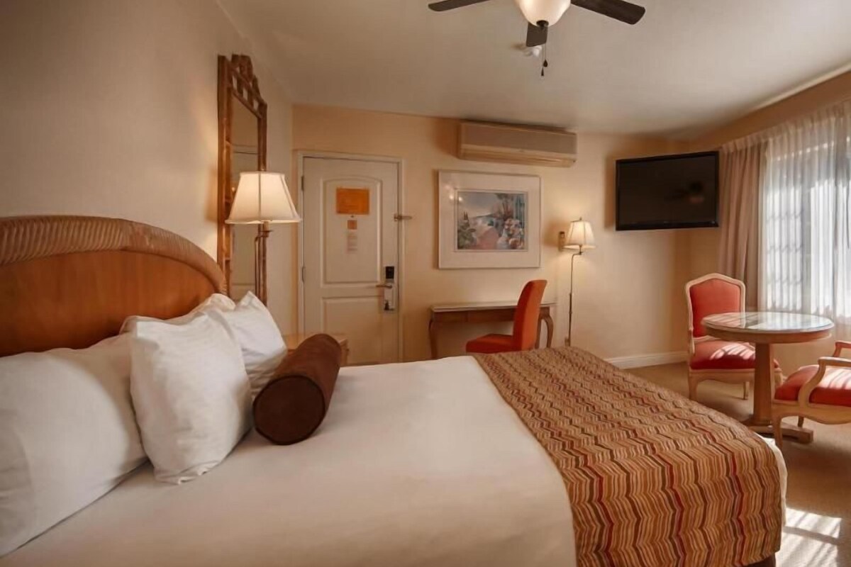 Quarto de hotel com cama, escrivaninha, cadeira, televisão e ventoinha no teto.