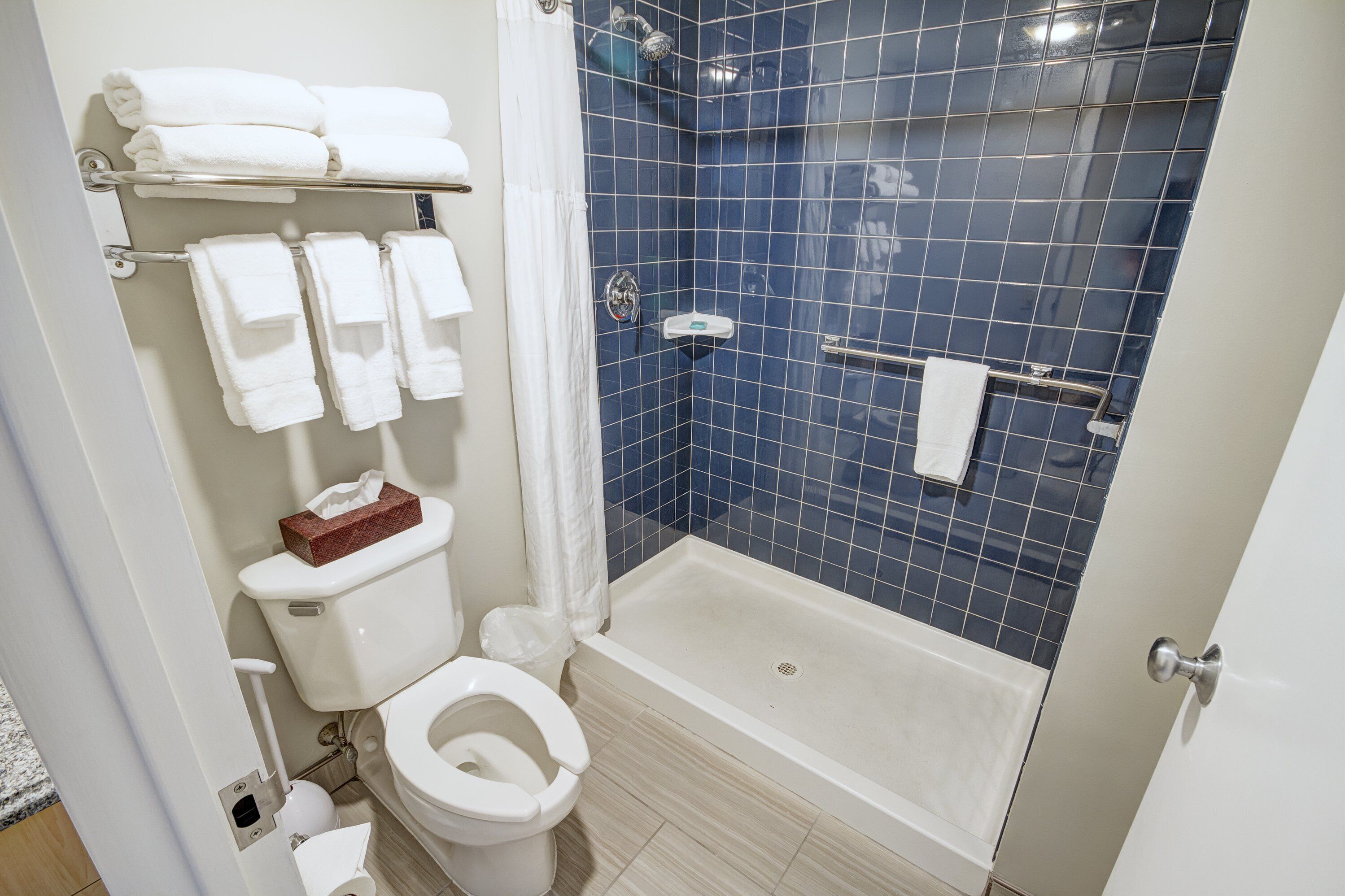 combined shower/bathtub, hair dryer, towels, soap