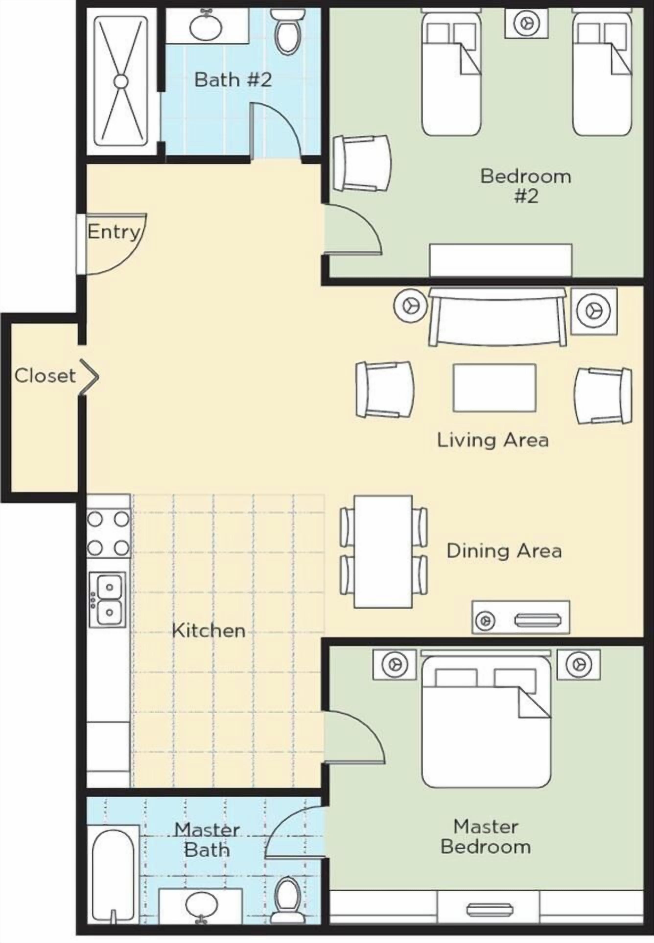 Plantegning af et hotelværelse med soveværelse, badeværelse, køkken, spiseområde, opholdsstue, entre og garderobe.