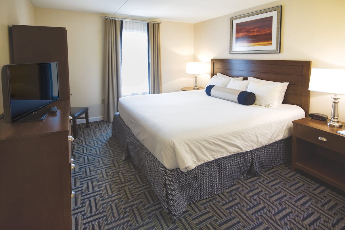 A hotel room with a large bed, a television, a desk, and a window with curtains.
