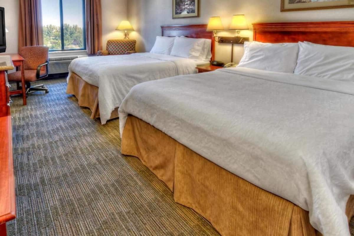Hotelkamer met twee bedden, een bureau, een stoel, lampen en een raam met uitzicht.