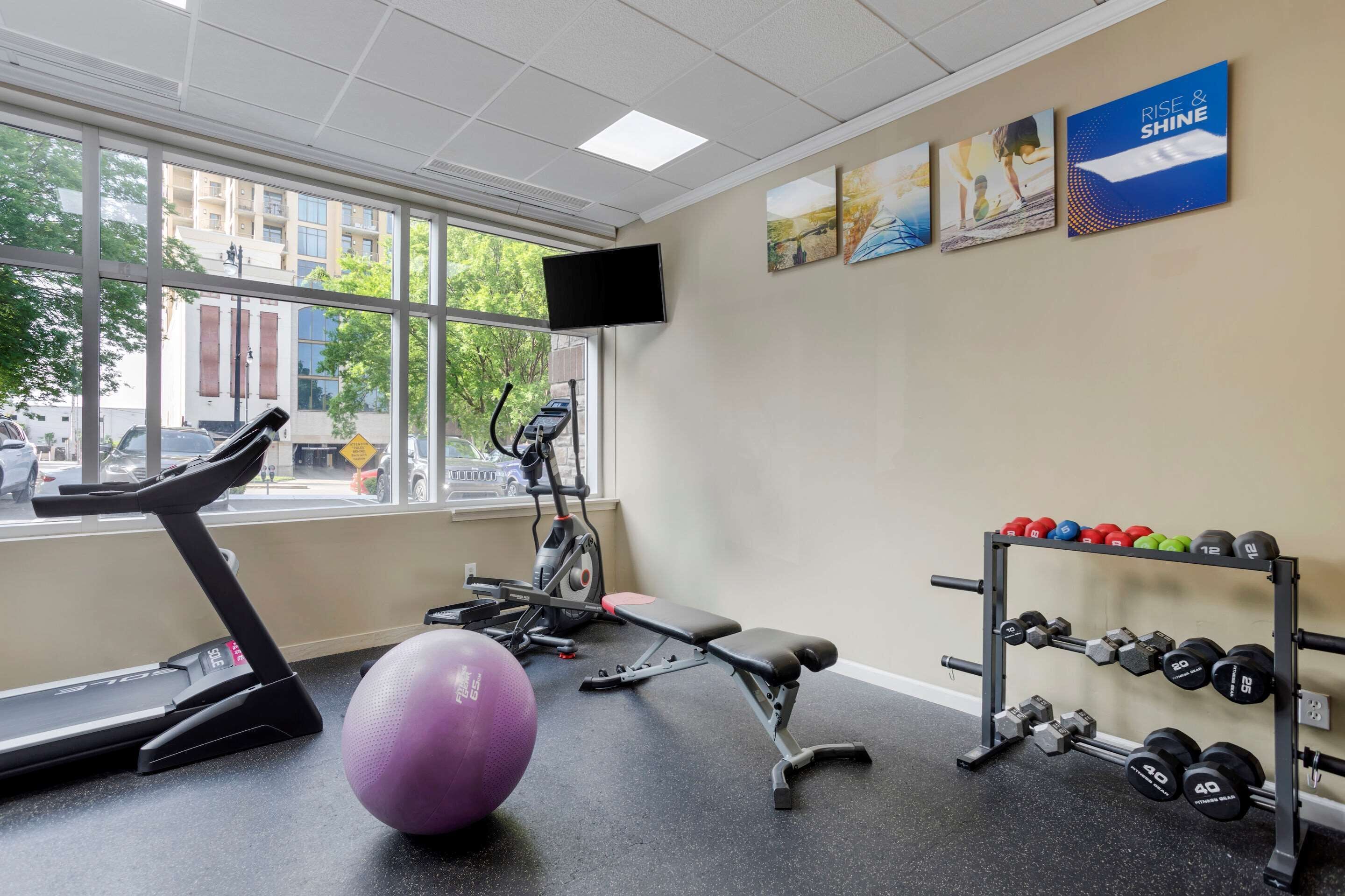 A gym with a treadmill, elliptical, bench, dumbbells, and a large exercise ball.