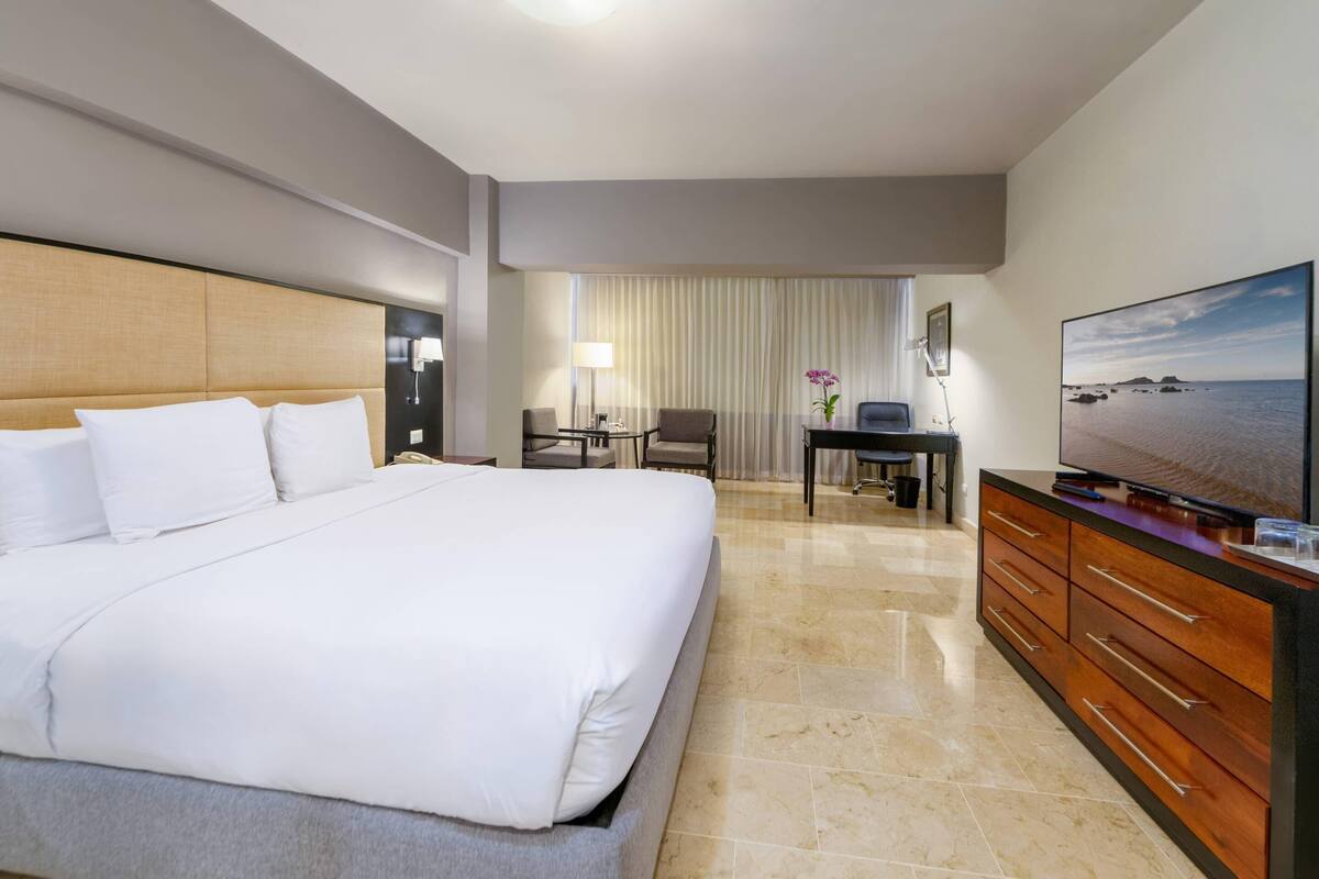 A hotel room with a large bed, a desk with a chair, a television, and a view of the sea.