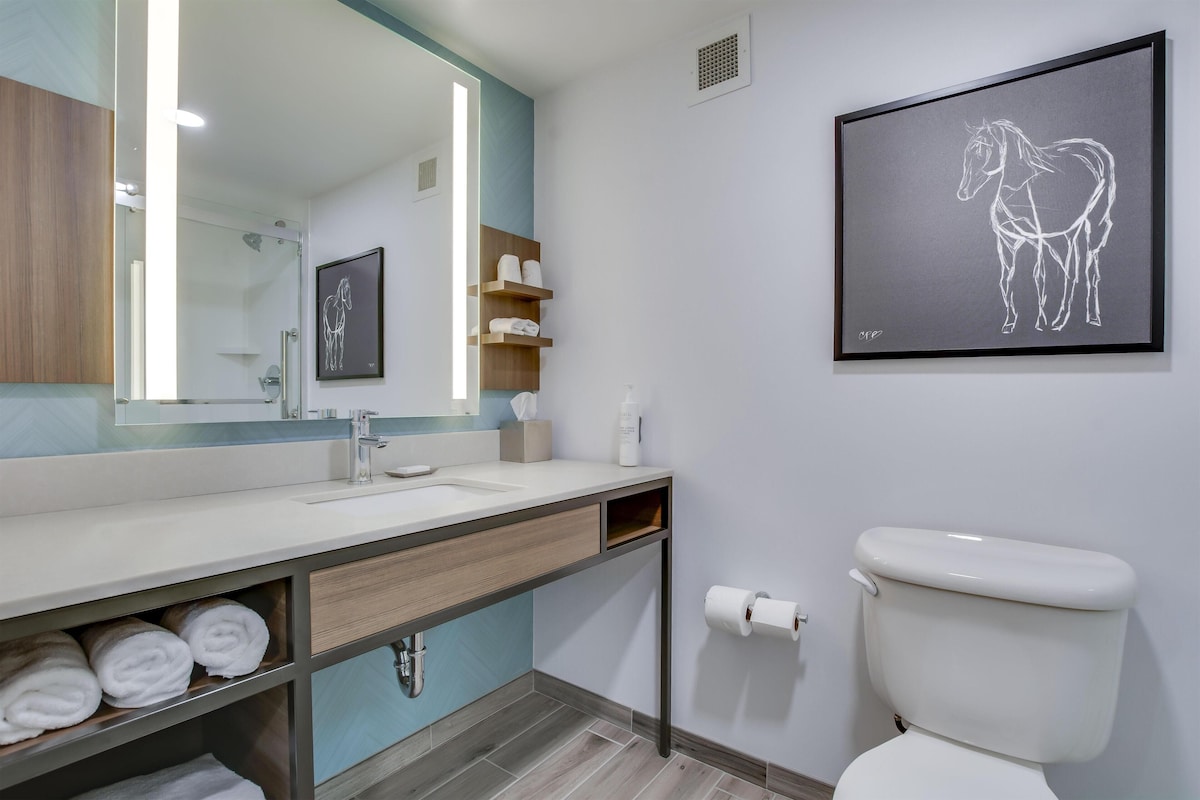 A modern bathroom with a large mirror, a toilet, and a towel rack.