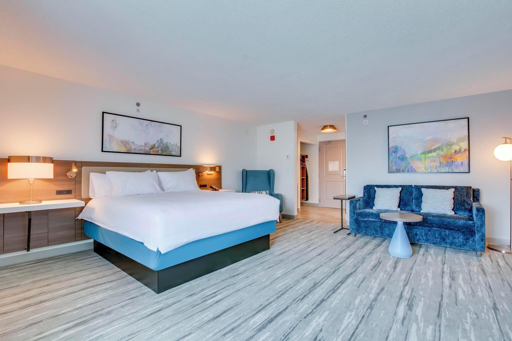 Desk, laptop workspace, blackout curtains, iron/ironing board