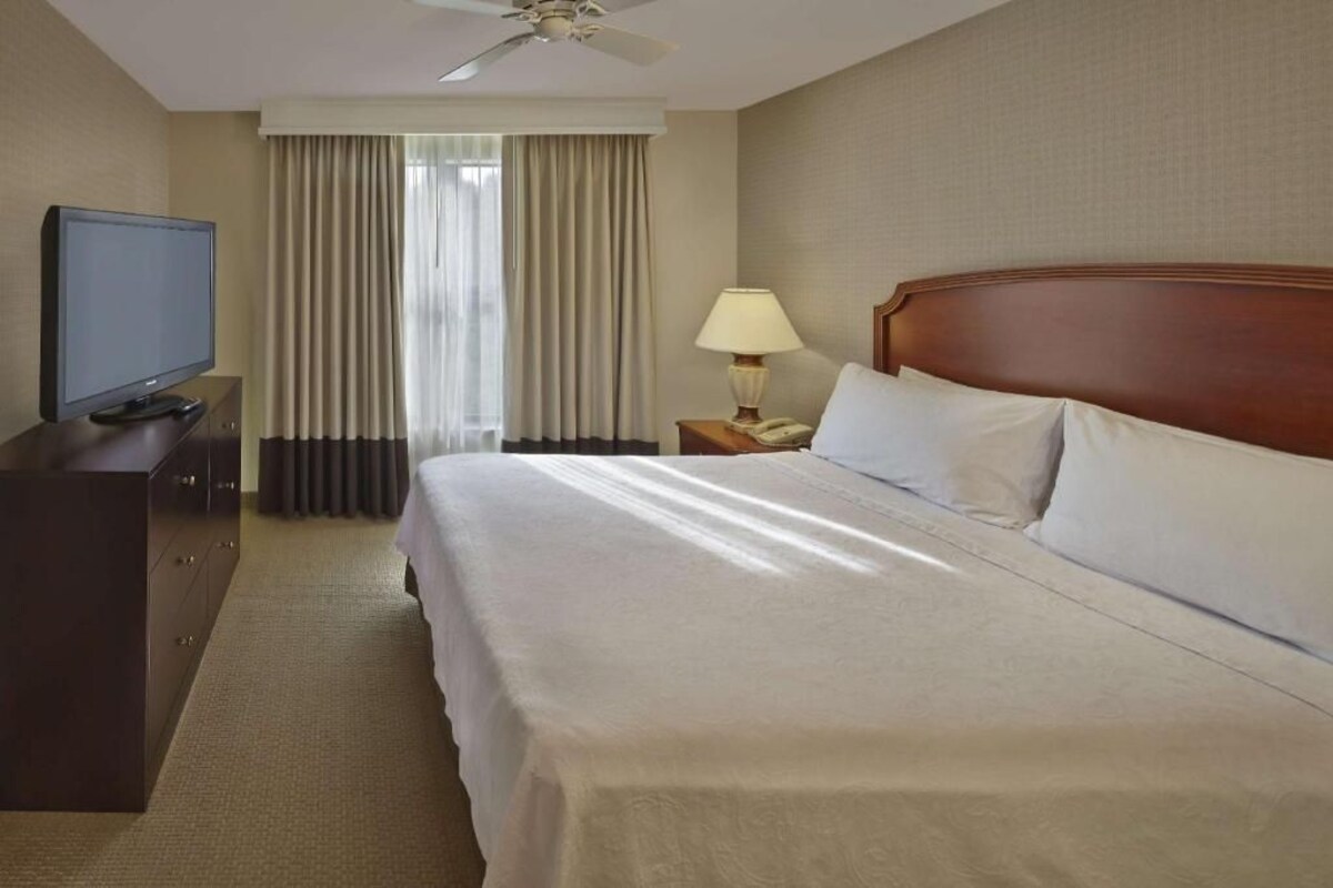 A hotel room with a bed, a TV, a lamp, a nightstand, and a ceiling fan.