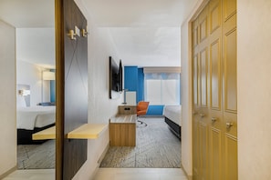 1 bedroom, desk, blackout drapes, iron/ironing board