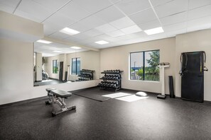 A gym with exercise equipment, a mirrored wall, and a window with a view. - Holiday Inn Express Hotel & Suites Buffalo-Airport by IHG (Buffalo)