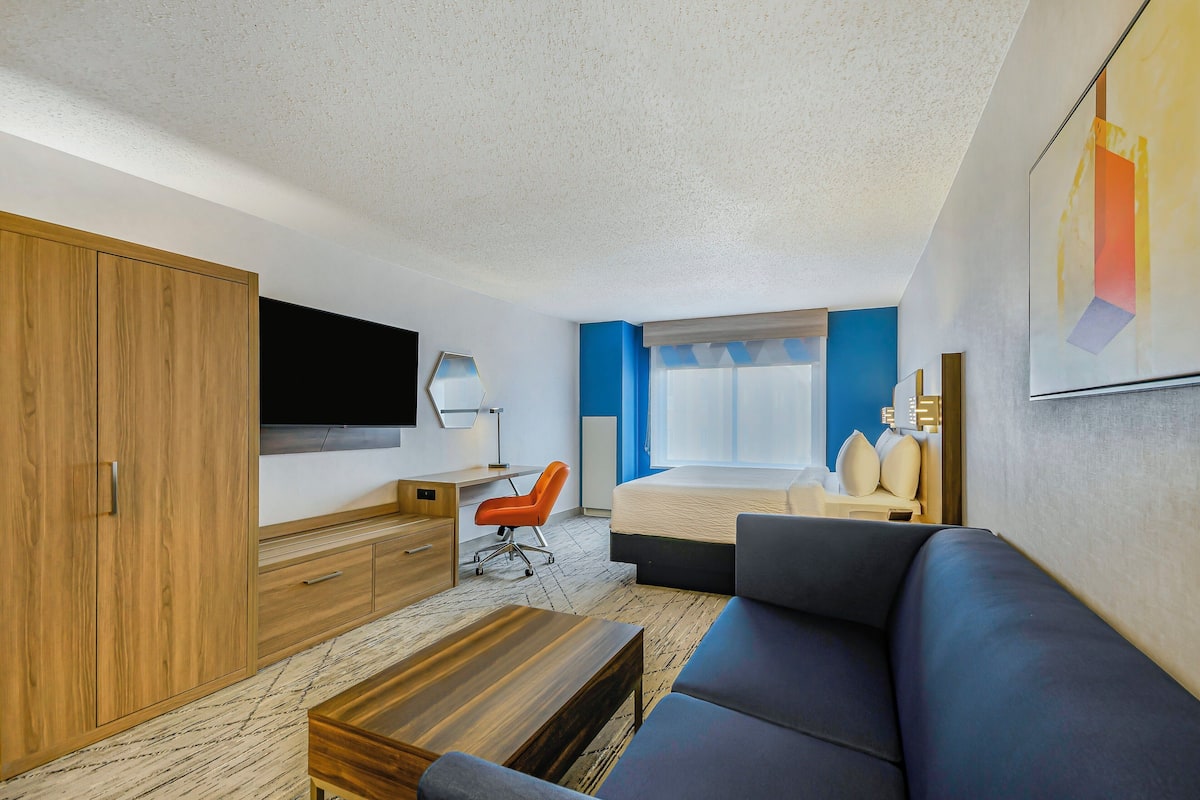 1 bedroom, desk, blackout curtains, iron/ironing board