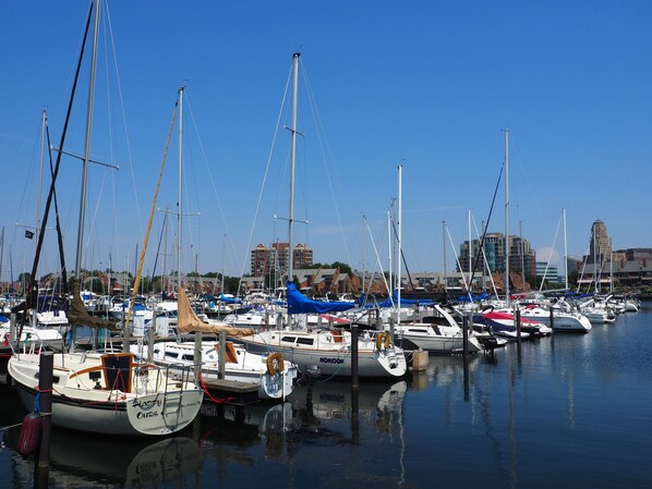A marina with various boats docked, a clear sky, and buildings in the background. - Holiday Inn Express Hotel & Suites Buffalo-Airport by IHG (Buffalo)