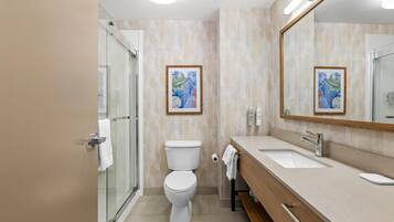 Un baño moderno con cabina de ducha de vidrio, inodoro, lavamanos con espejo y dos cuadros en la pared.