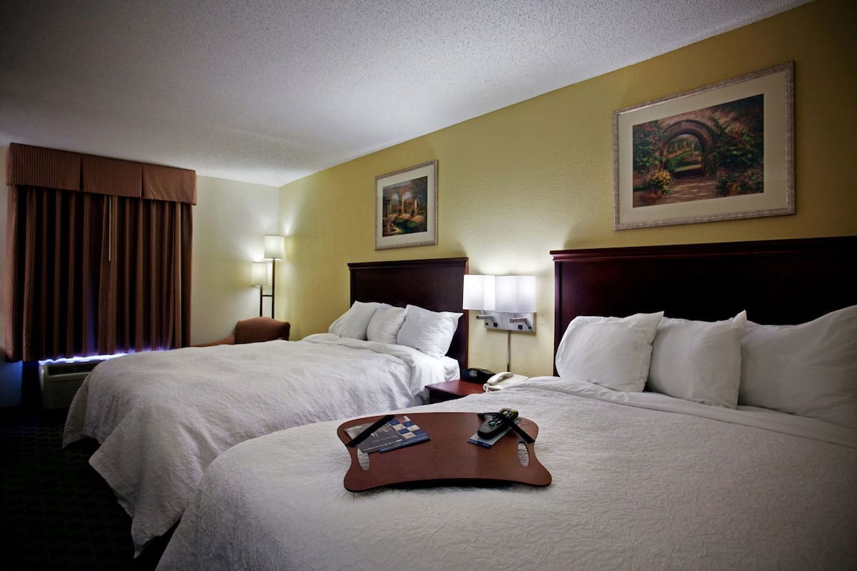 A hotel room with two beds, a bedside table with a remote control, a lamp, and a painting on the wall.