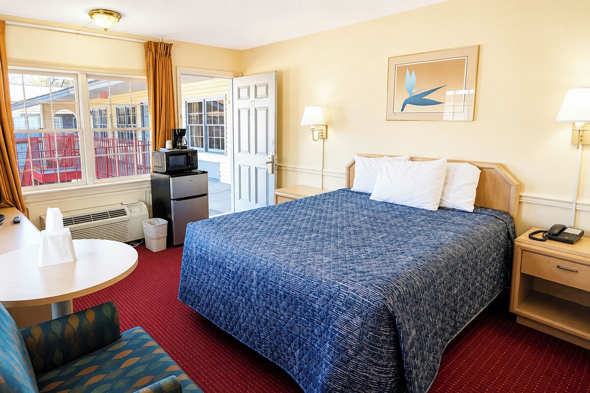 A hotel room with a bed, a desk, a television, a kitchenette, and a view of the outside.